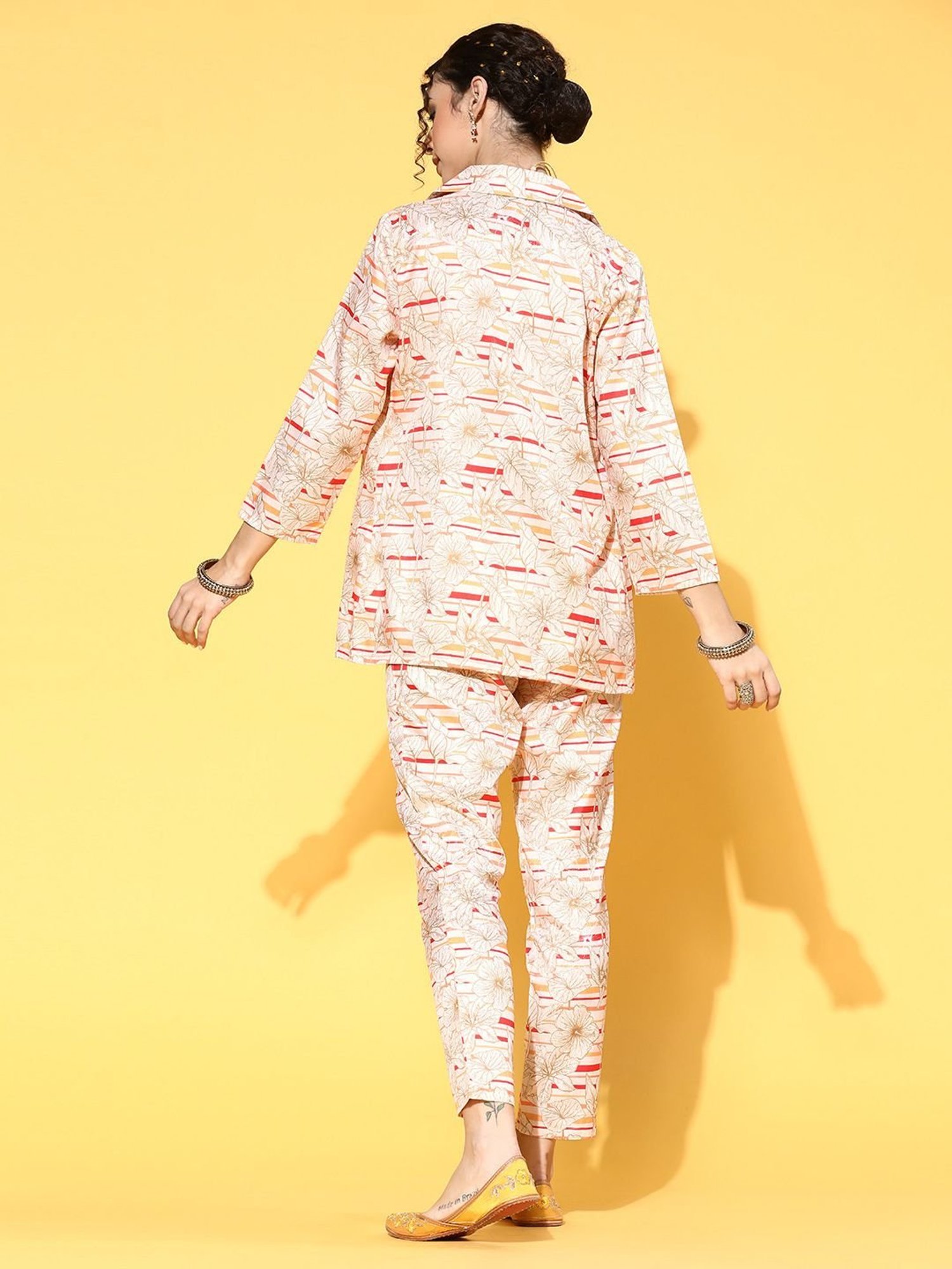 Ziyaa Beige Printed Crop Top Pant Set With Coat