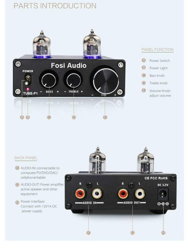 Fosi Audio P1 Tube Pre-Amplifier Mini Hi-Fi Stereo Buffer Preamp 6J1 Valve & Vacuum Pre-amp with Treble & Bass Tone Control for Home Theater System