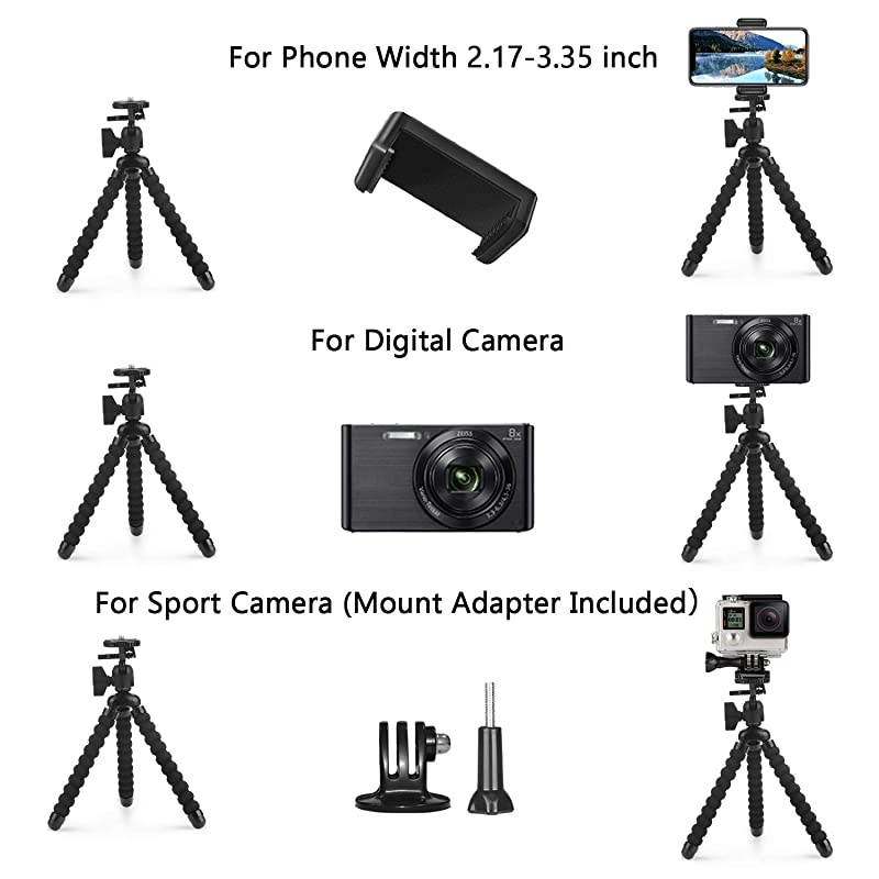 Phone Tripod  5 in 1 Flexible Octopus Tripod Stand + 2PCS Tripod Adapter for Gopro + Phone Mount Holder + Bluetooth Wireless Remote Shutter Compatible for iPhone Samsung Gopro Sports Camera