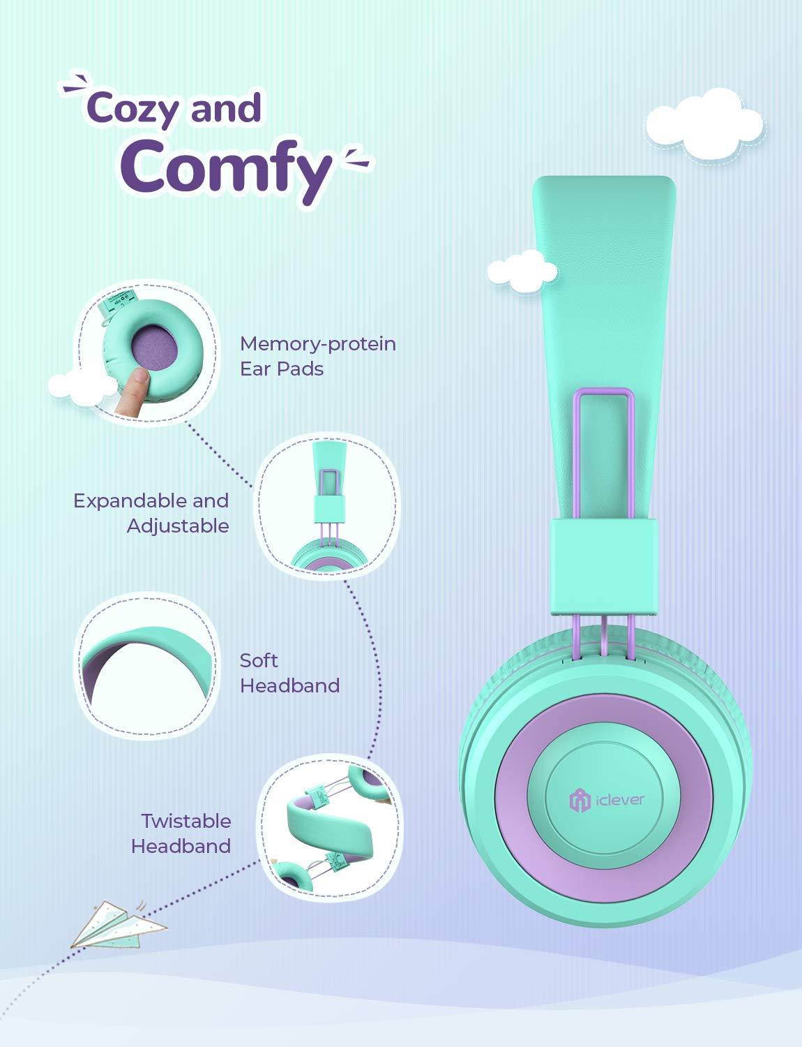 iClever Kids Bluetooth Headphones - Headphones for Kids with MIC, Volume Control Adjustable Headband, Foldable - Childrens Headphones on Ear for iPad Tablet Kindle Airplane School,Green/Purple