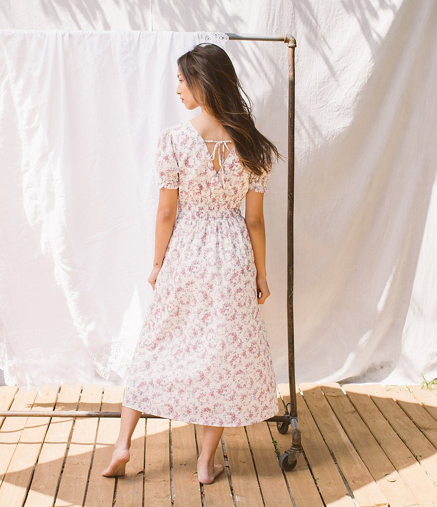 Shabby Chic Freya Floral Clip Dot Square Neck Puff Sleeve Midi Dress