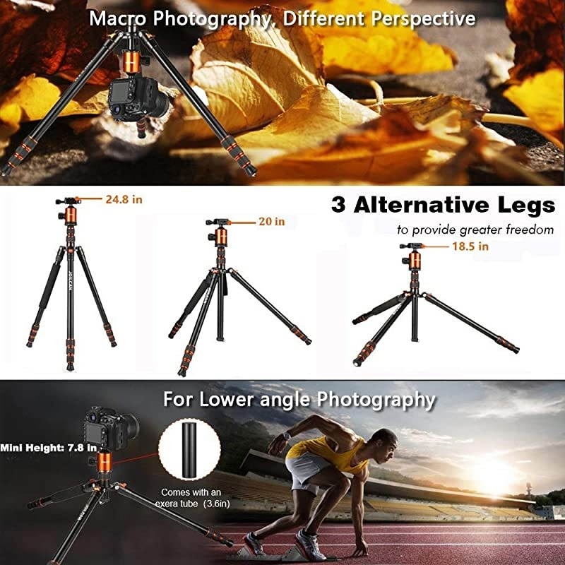 80inch Tripod for Camera Aluminum Tripod for DSLRMonopod Lightweight Tripod with 360 Degree Ball Head Stable for Travel and Work 185quot80quot19lb Load Orange
