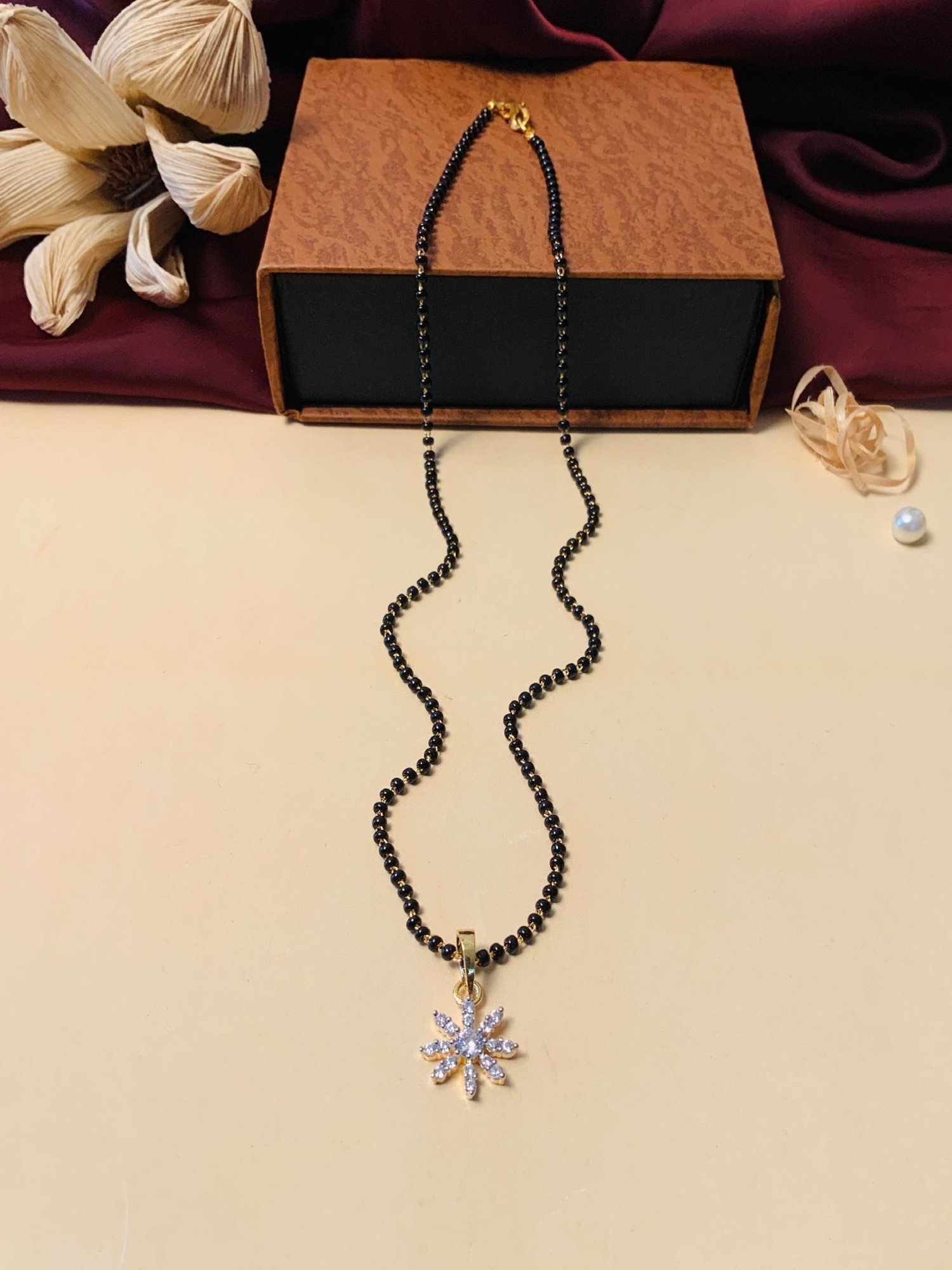 Abdesigns Gold-Plated American Diamond & Black Beaded Mangalsutra