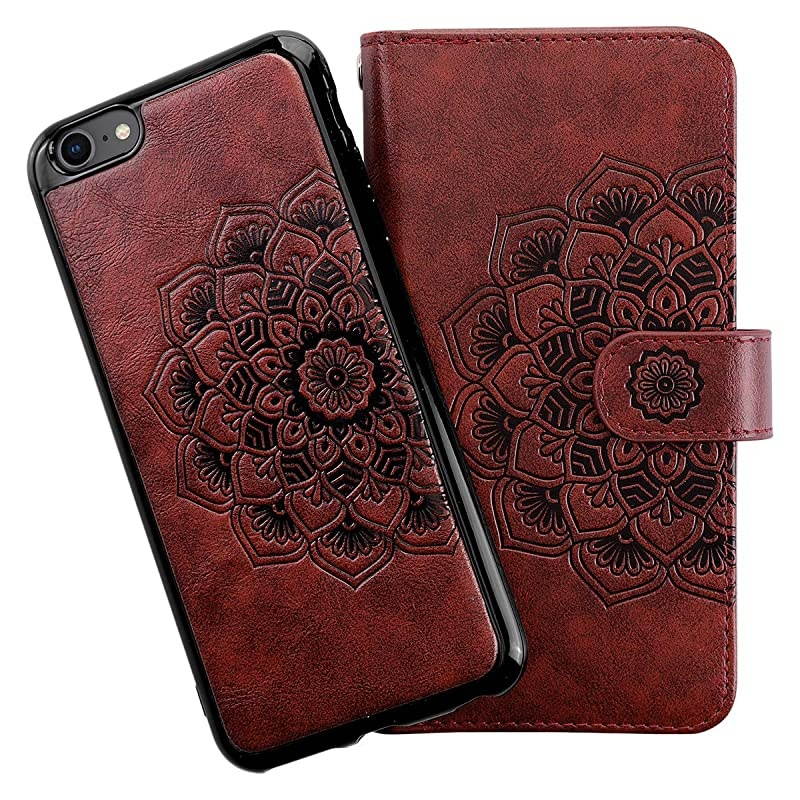 2in1 Case for iPhone 6S Plus Case iPhone 6 Plus Wallet Card Holder Detachable Flip Cover Magnetic Folio PU Leather Protective Slim Shell Wrist Strap for iPhone 6 Plus 6S Plus Mandala Red