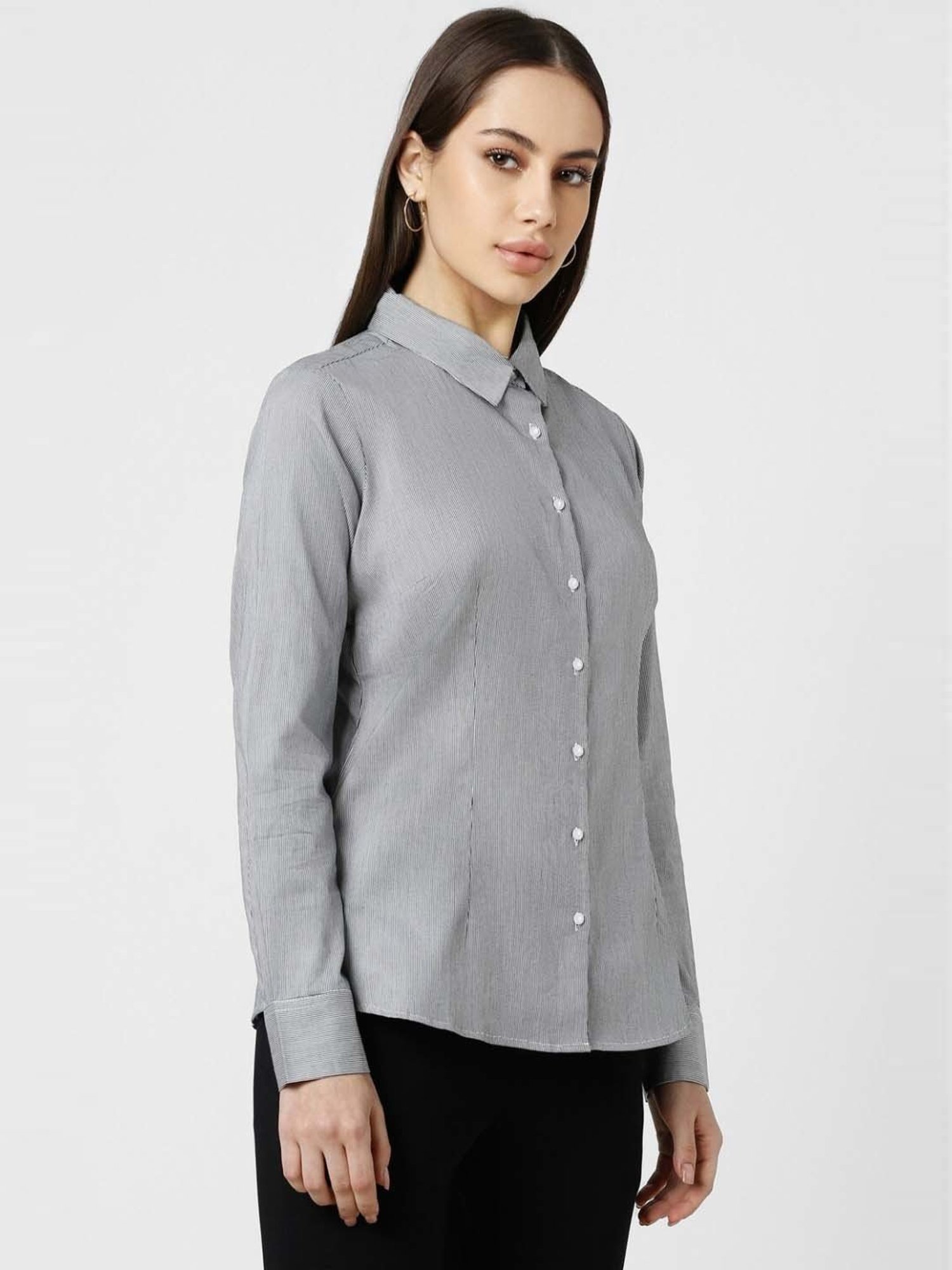 Van Heusen Grey Cotton Striped Formal Shirt