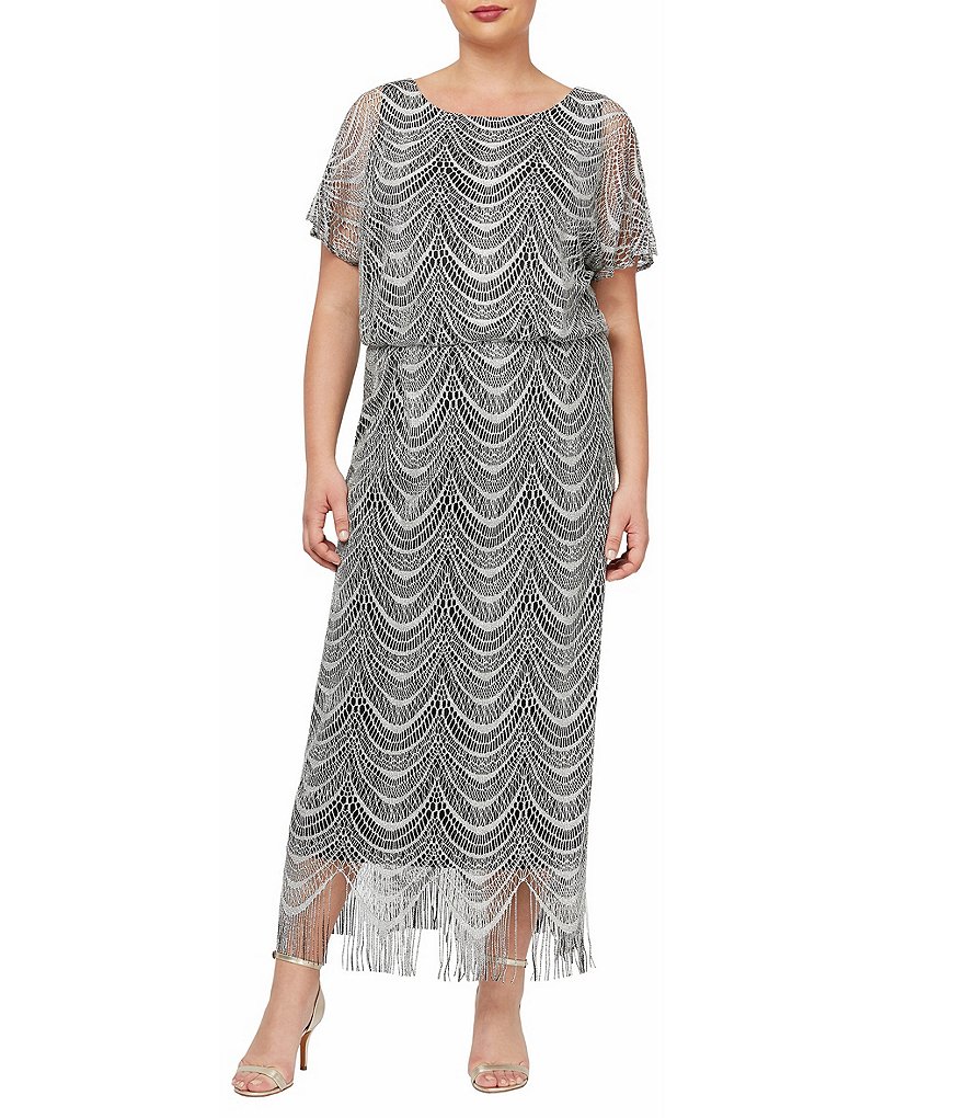 Ignite Evenings Plus Size Round Neck Short Sleeve Beaded Scallop Fringe Blouson Midi Dress