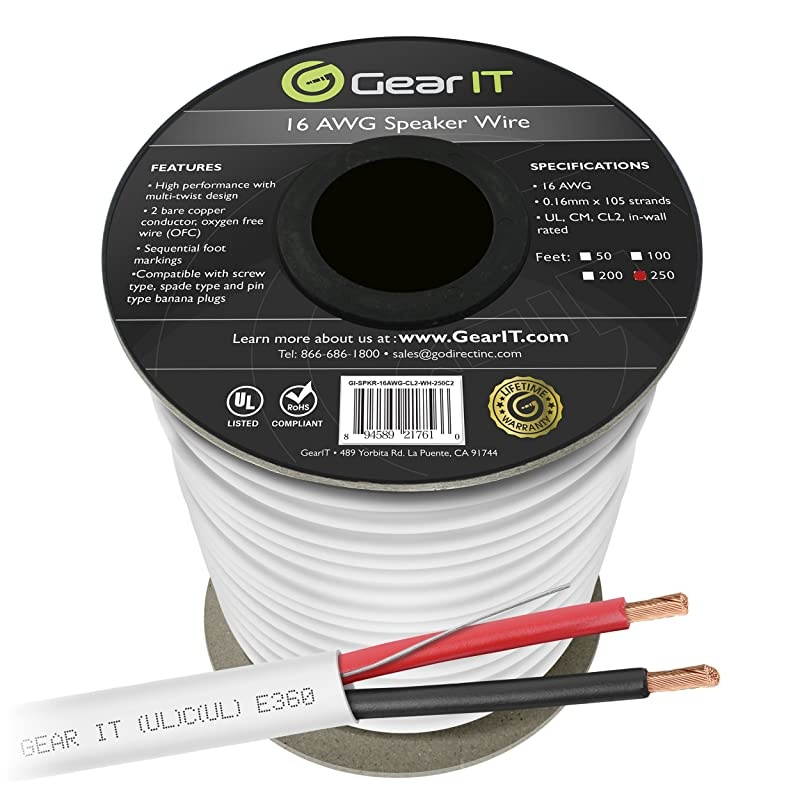 16 AWG CL2 OFC in Wall Speaker Wire,  Pro Series 16 AWG Gauge (250 Feet / 76.2 Meters/White) OFC Oxygen Free Copper UL CL2 Rated in-Wall Speaker Wire Cable for Home Theater and Car Audio