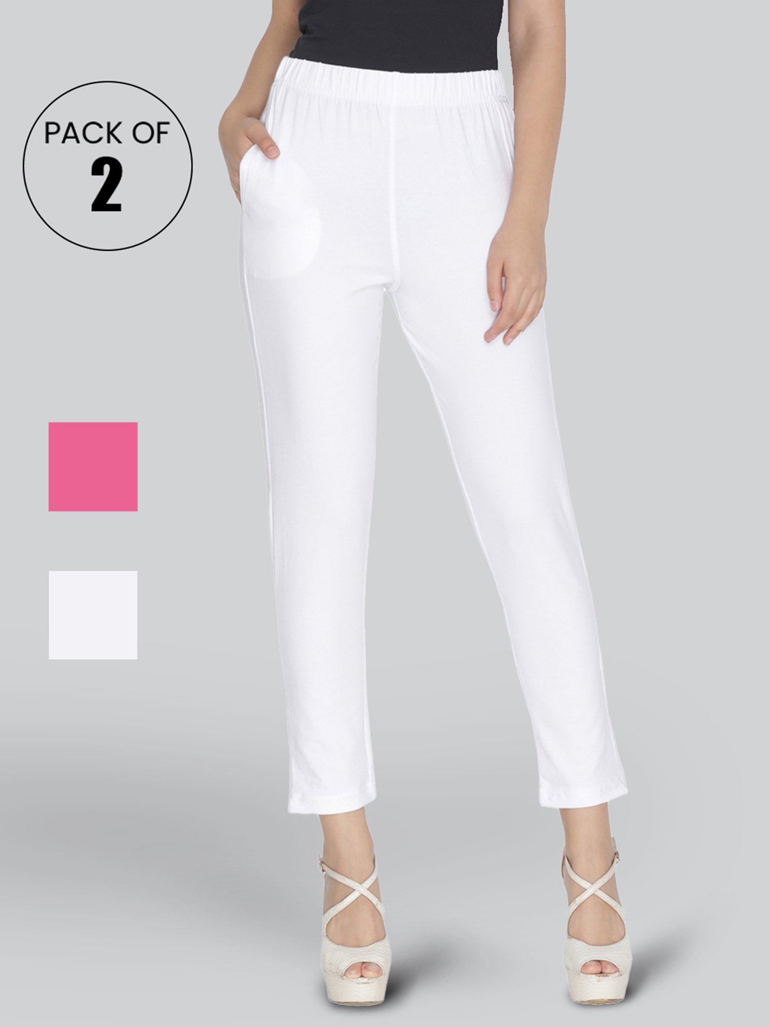 Lyra Pink & White Cotton Leggings - Pack Of 2