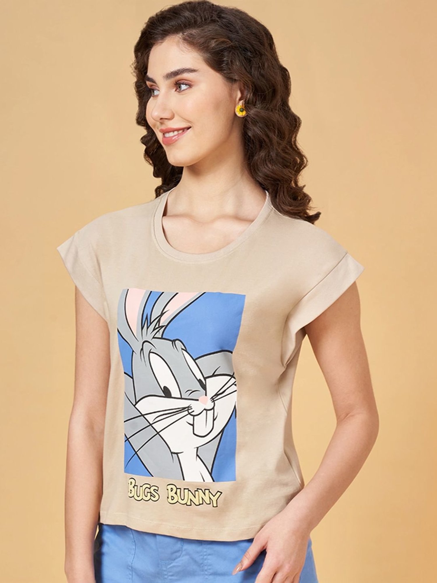 Honey by Pantaloons Khaki Cotton Printed T-Shirt