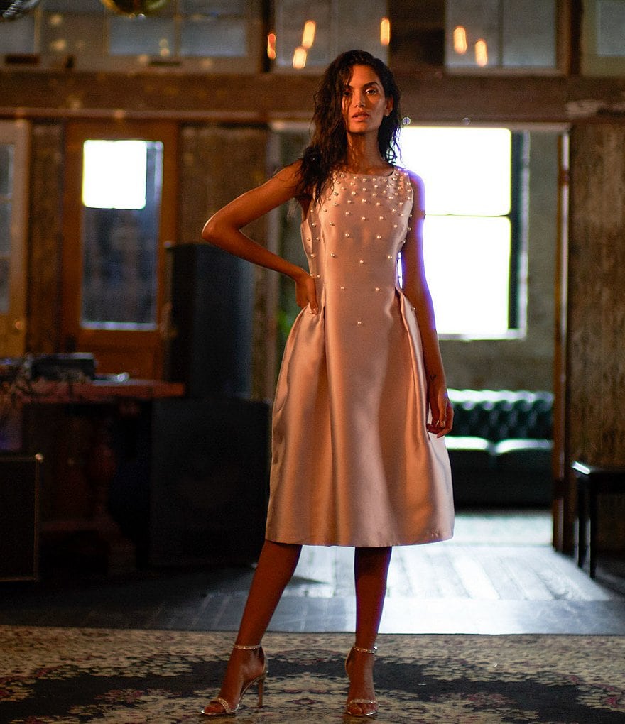 Tahari ASL Jewel Neck Embellished Pearl Tea Length Sleeveless Fit & Flare Dress