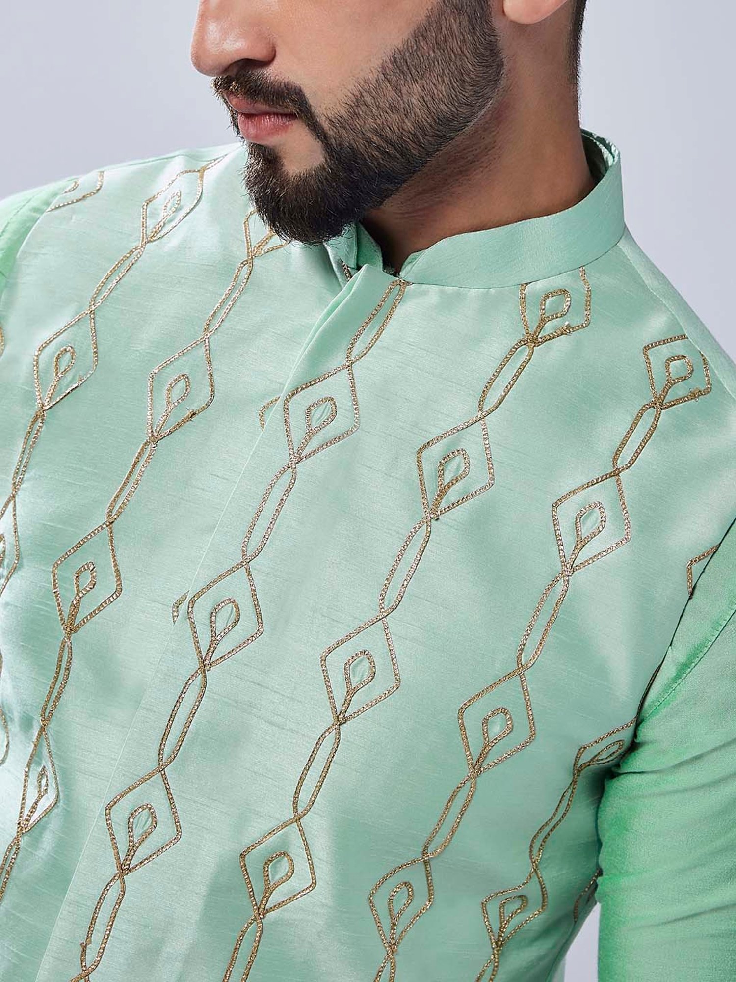 KISAH Sea Green Regular Fit Embellished Nehru Jacket