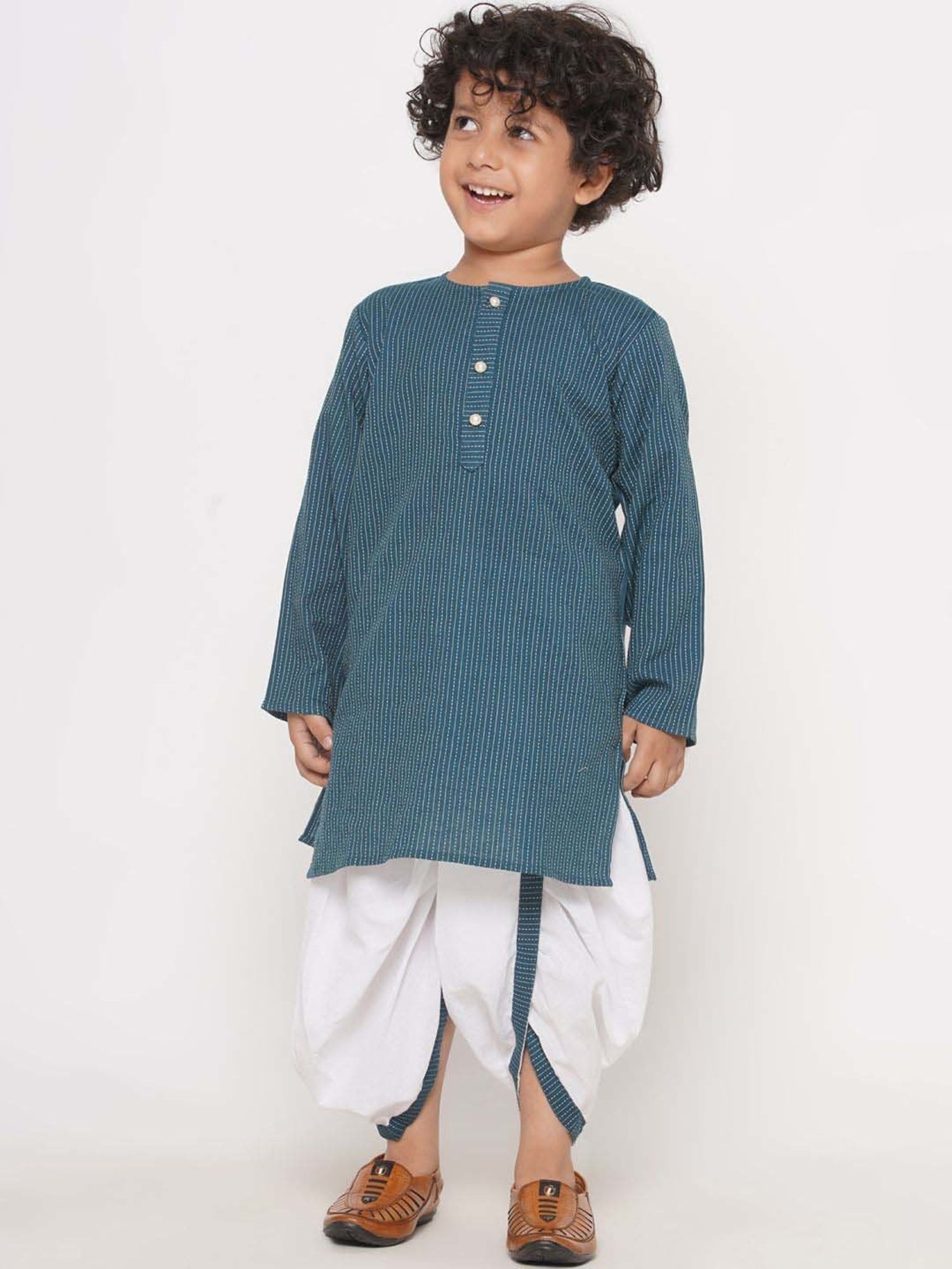 Little Bansi Kids Teal Blue & White Cotton Self Pattern Full Sleeves Kurta Set
