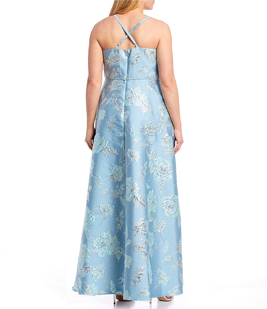 Morgan & Co. Plus Spaghetti Strap X-Back Floral Print Jacquard Dress