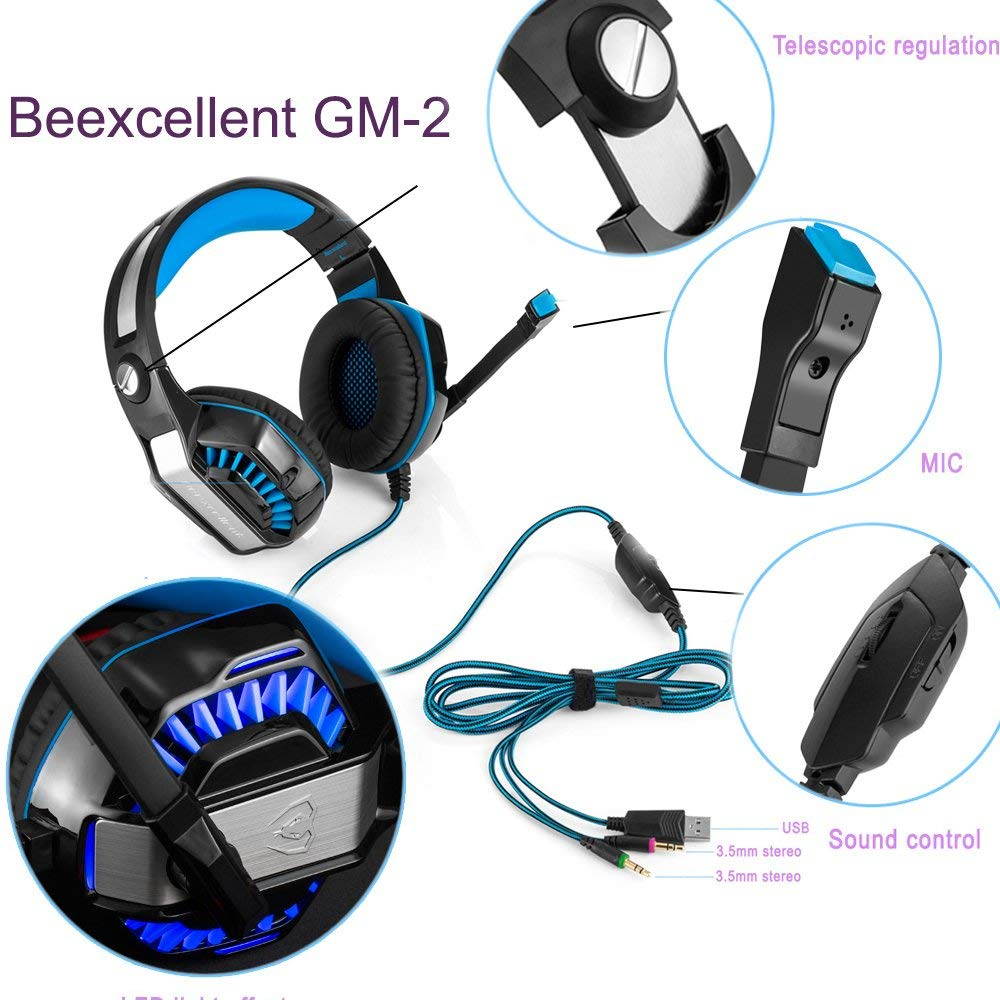 Beexcellent GM-2 Pro Gaming Over-Ear Headset with Mic, LED Lights and Volume Control Stereo Bass, Noise Cancelling, 3.5mm, for PS4 Xbox One, Laptop, PC, Tablet, Most Smartphones (Blue)