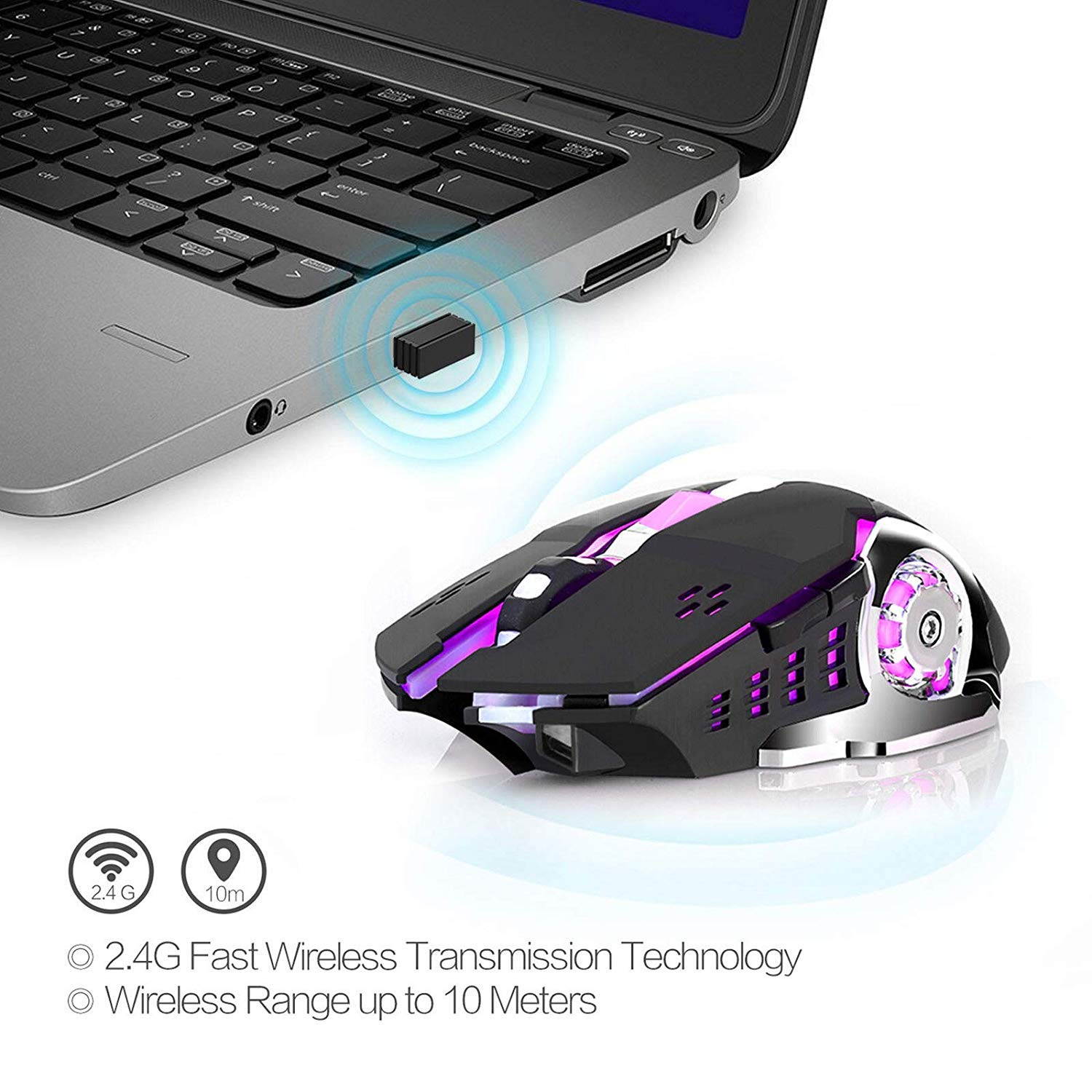 Zgeer Rechargeable Wireless Gaming Mouse, Bluetooth USB Computer Mouse, 2.4G LED Color Changing Optical Silent, Auto Sleeping, 4 Adjustable DPI, Compatible with Laptop/PC/Notebook (Black)
