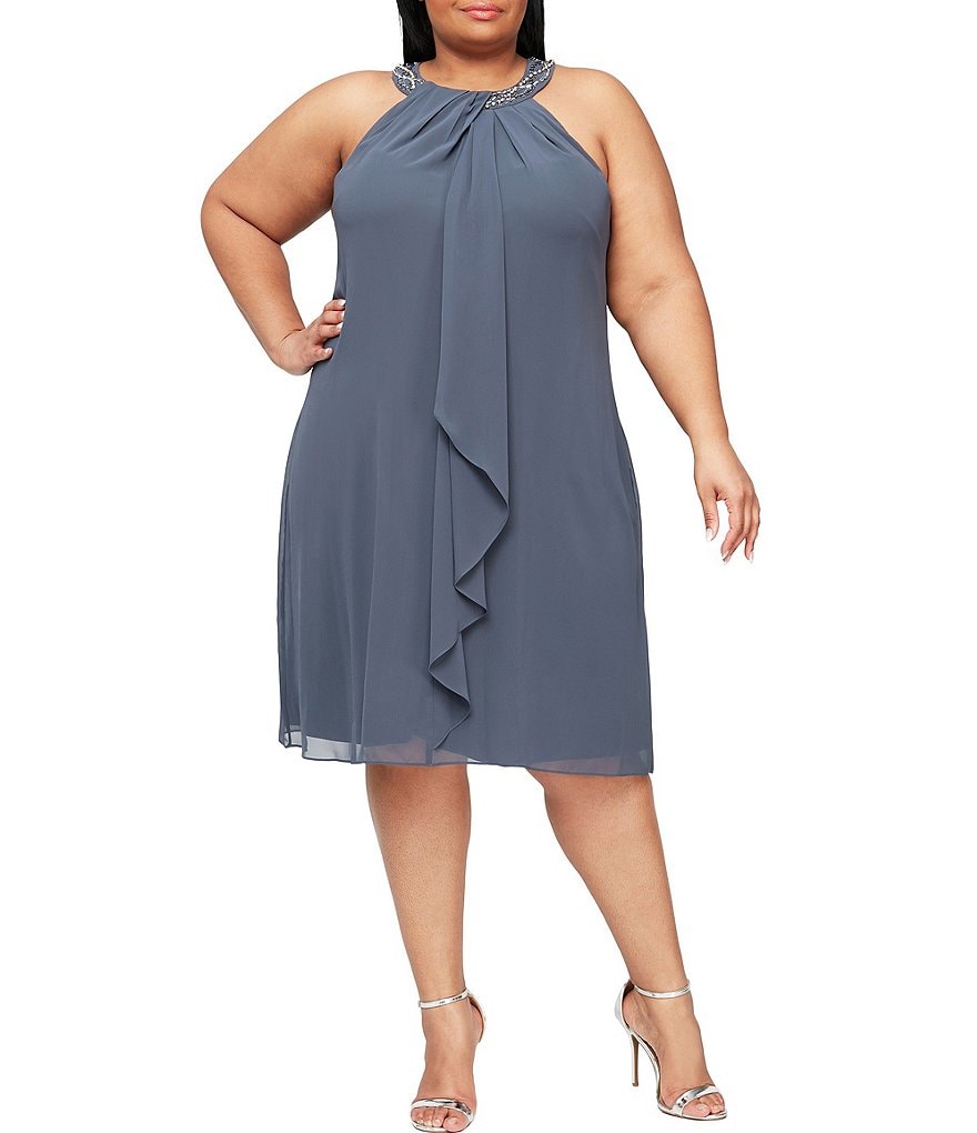 Ignite Evenings Plus Size Halter Neck Sleeveless Braid Bead Neck Chiffon Dress