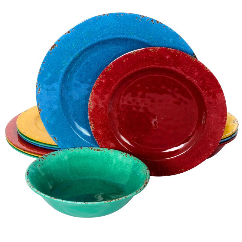 Studio California Mauna 12 Piece Assorted Crackle Decal Melamine Dinnerware Set