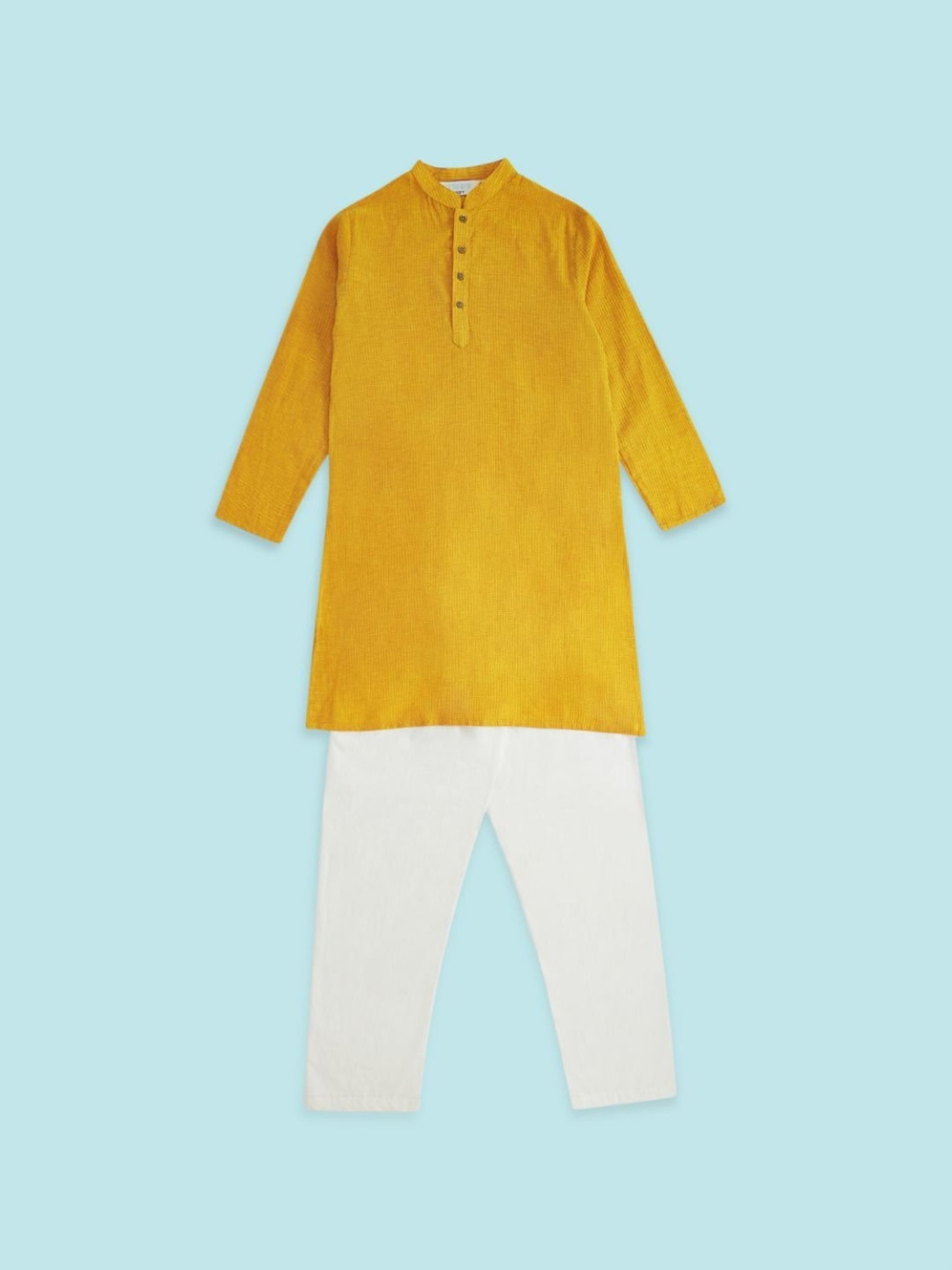 Indus Route by Pantaloons Kids Mustard & White Cotton Textured Pattern Full Sleeves Kurta Set