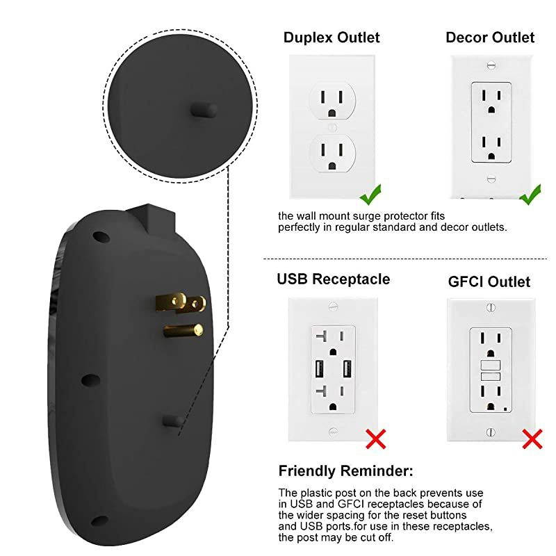 ON USB Wall Tap Surge Protector with 6 outlets 3 USB, 3.4A Output, Portable Wall-Mount Socket, 300J Surge Protection &  Charging for Home- Office- Kitchen- Travel (2 Pack)