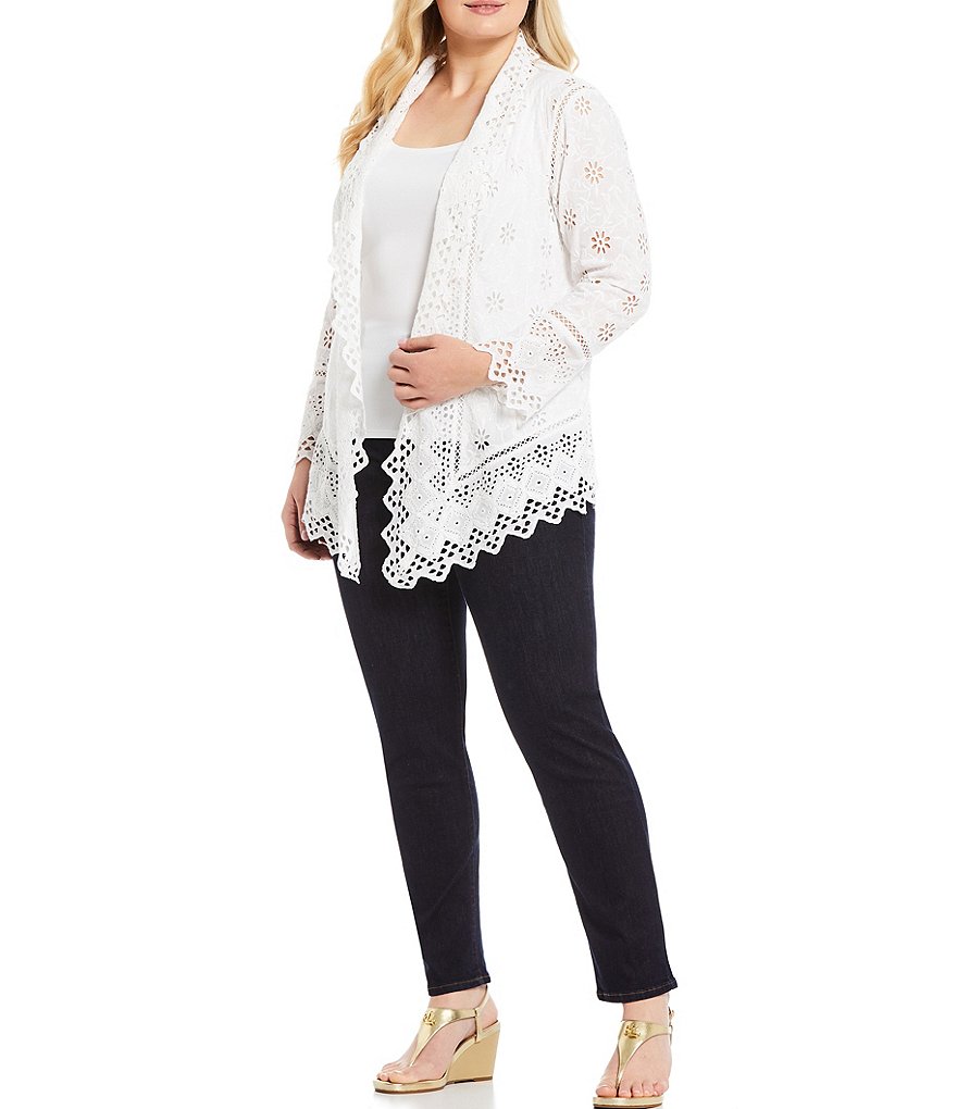 Lauren Ralph Lauren Plus Size Allover Embroidered Eyelet Cotton Scallop Trim Open-Front Long Sleeve Jacket