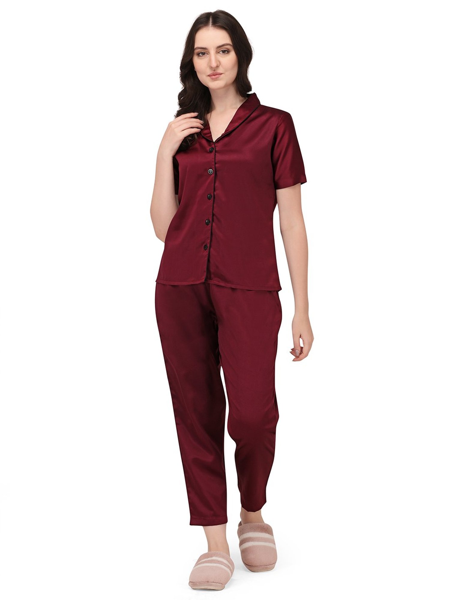 Smarty Pants Wine Satin  Shirt With Pyjamas