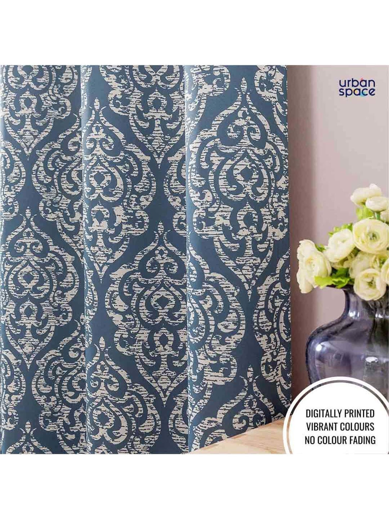 Urban Space Blue Polyester Window Curtain With Tieback & Eyelet