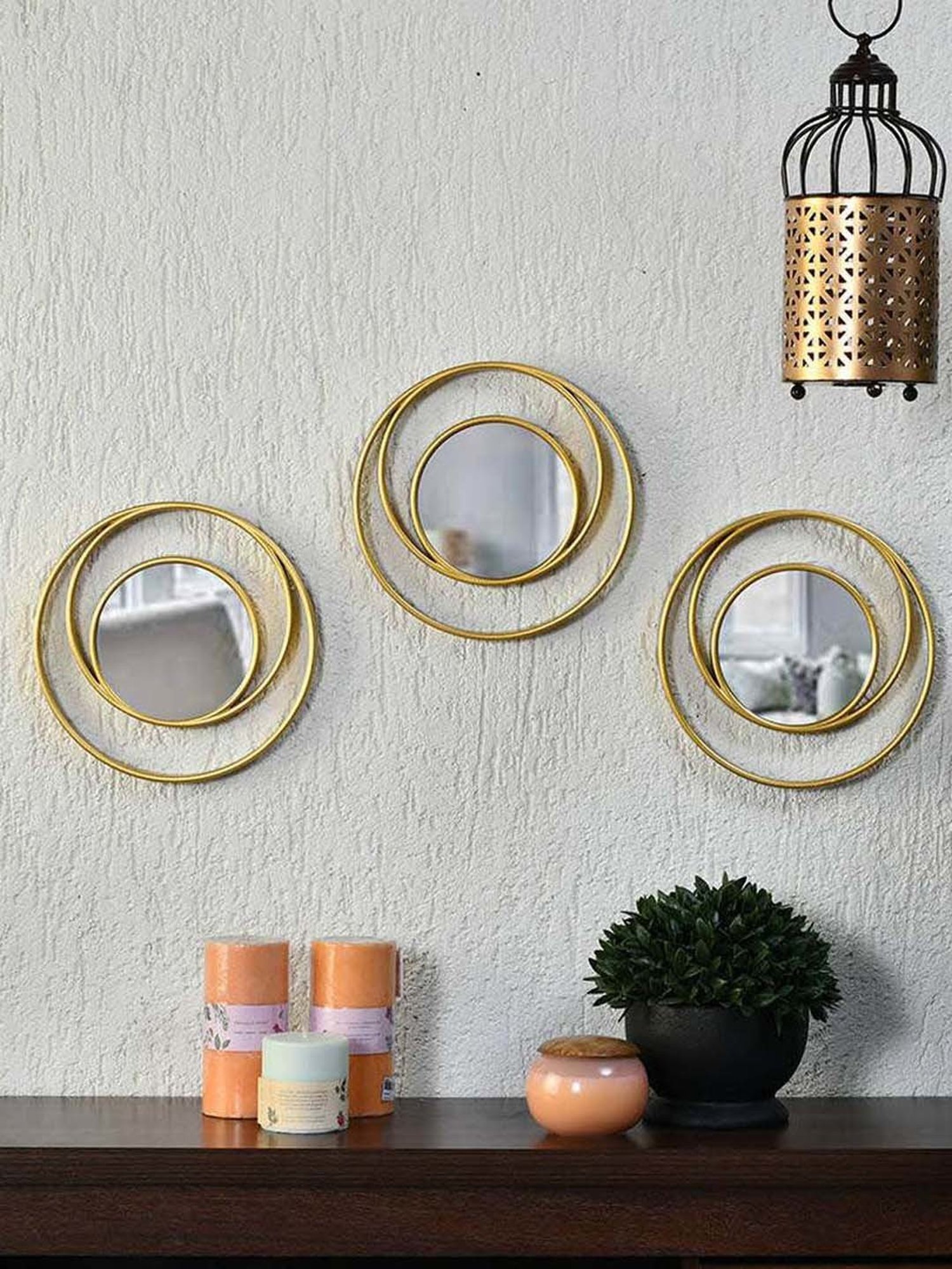 @home Gold Glass Cirque Round Decorative Wall Mirrors - Set of 3
