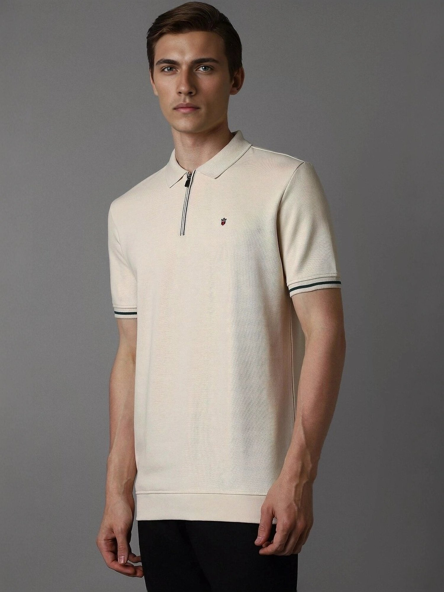 Louis Philippe Beige Cotton Slim Fit Polo T-Shirt