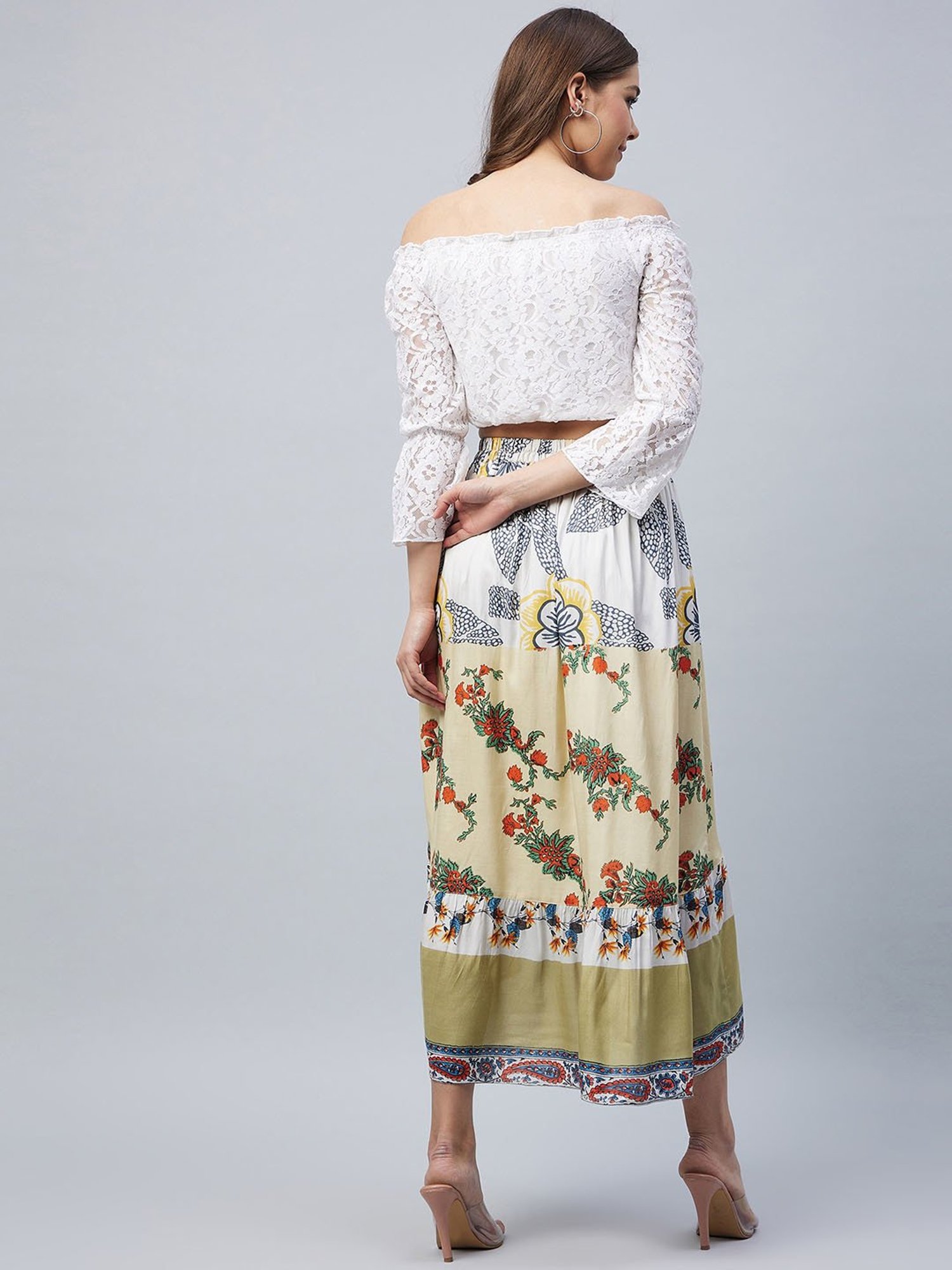 StyleStone Multicolor Lace Crop Top With Skirt