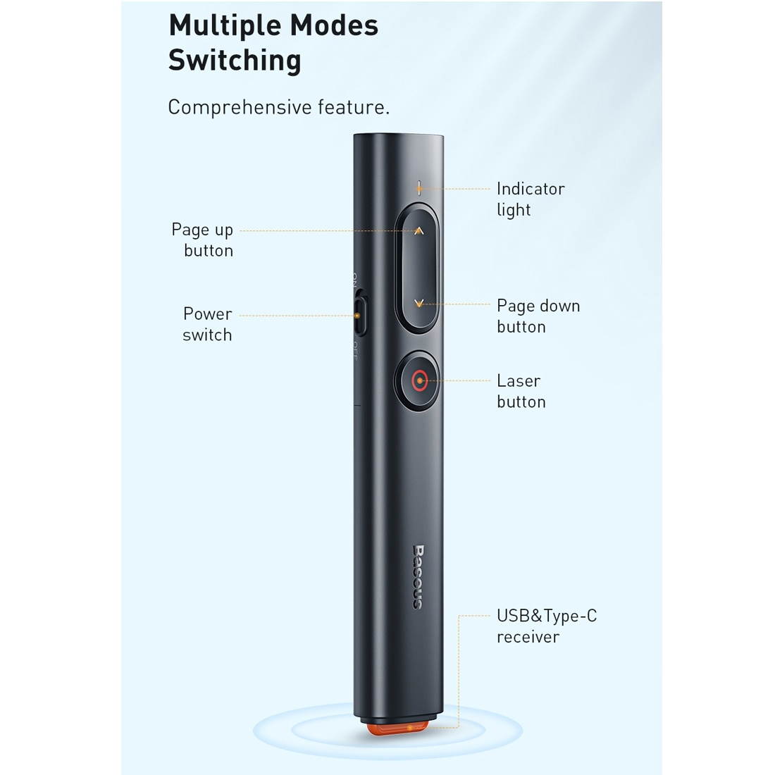 Baseus ACFYB-B01 Orange Dot RF2.4GHz PPT Wireless Multimedia Presenter Page Turning Pen, Youth Version, Control Distance: 30m