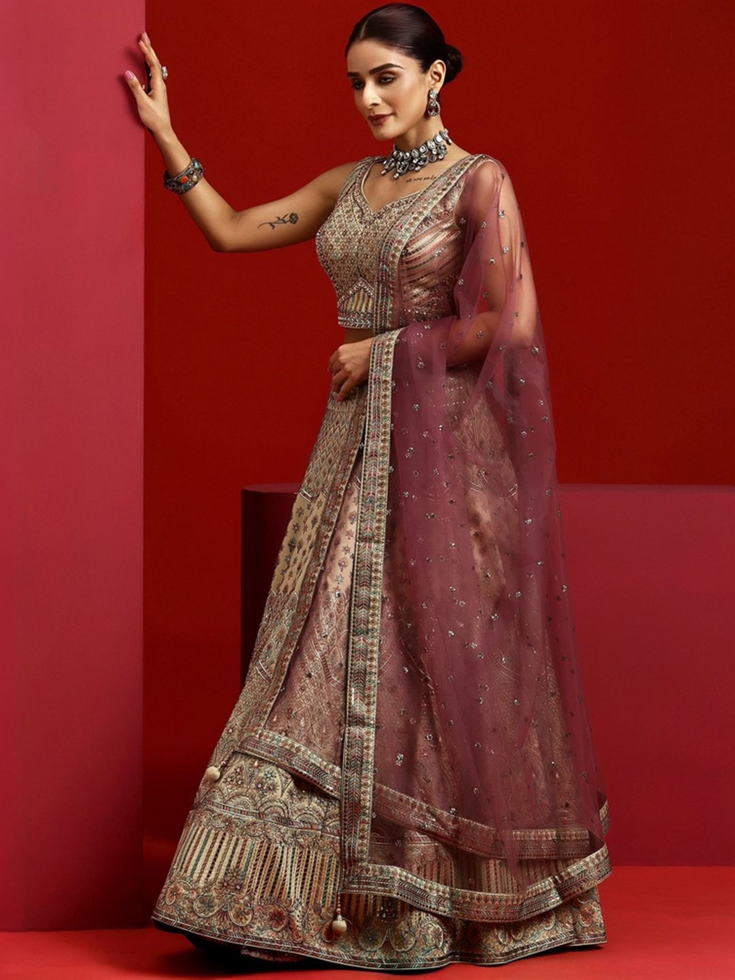 Silk Land Beige & Blue Woven Pattern Semi Stitched Lehenga Choli Set With Duppata