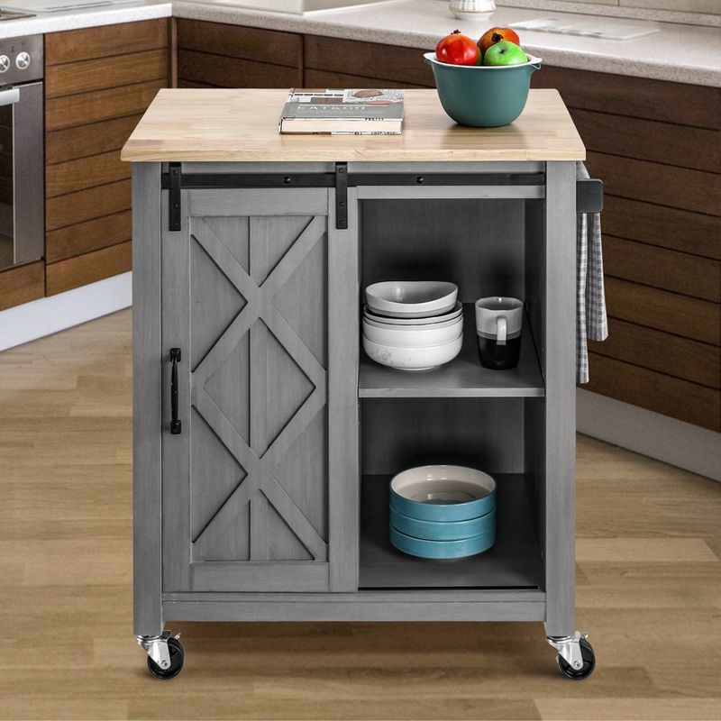 33" Sliding Door Kitchen Cart with Wood Top Gray - Home Essentials