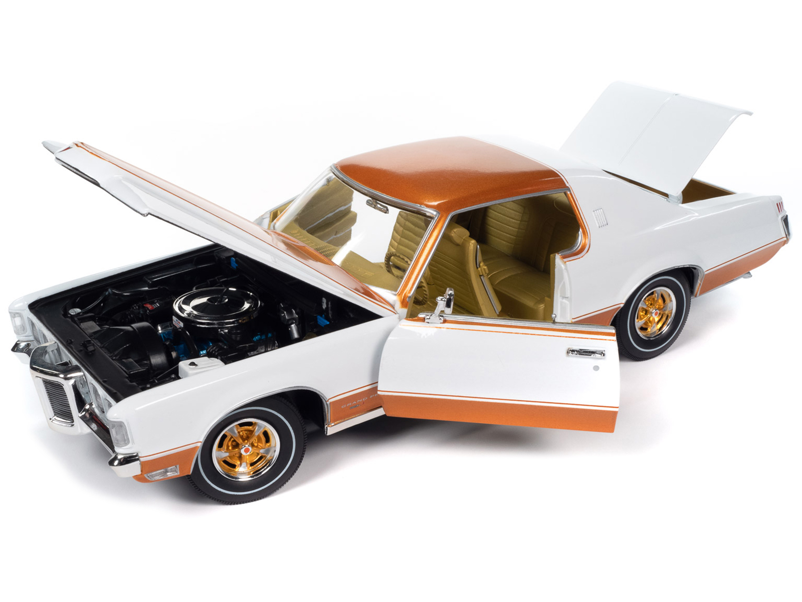 1969 Pontiac Royal Bobcat Grand Prix Model J Cameo White with Firefrost Gold Hood and Top with Gold Interior "American Muscle" Series 1/18 Diecast Model Car by Auto World