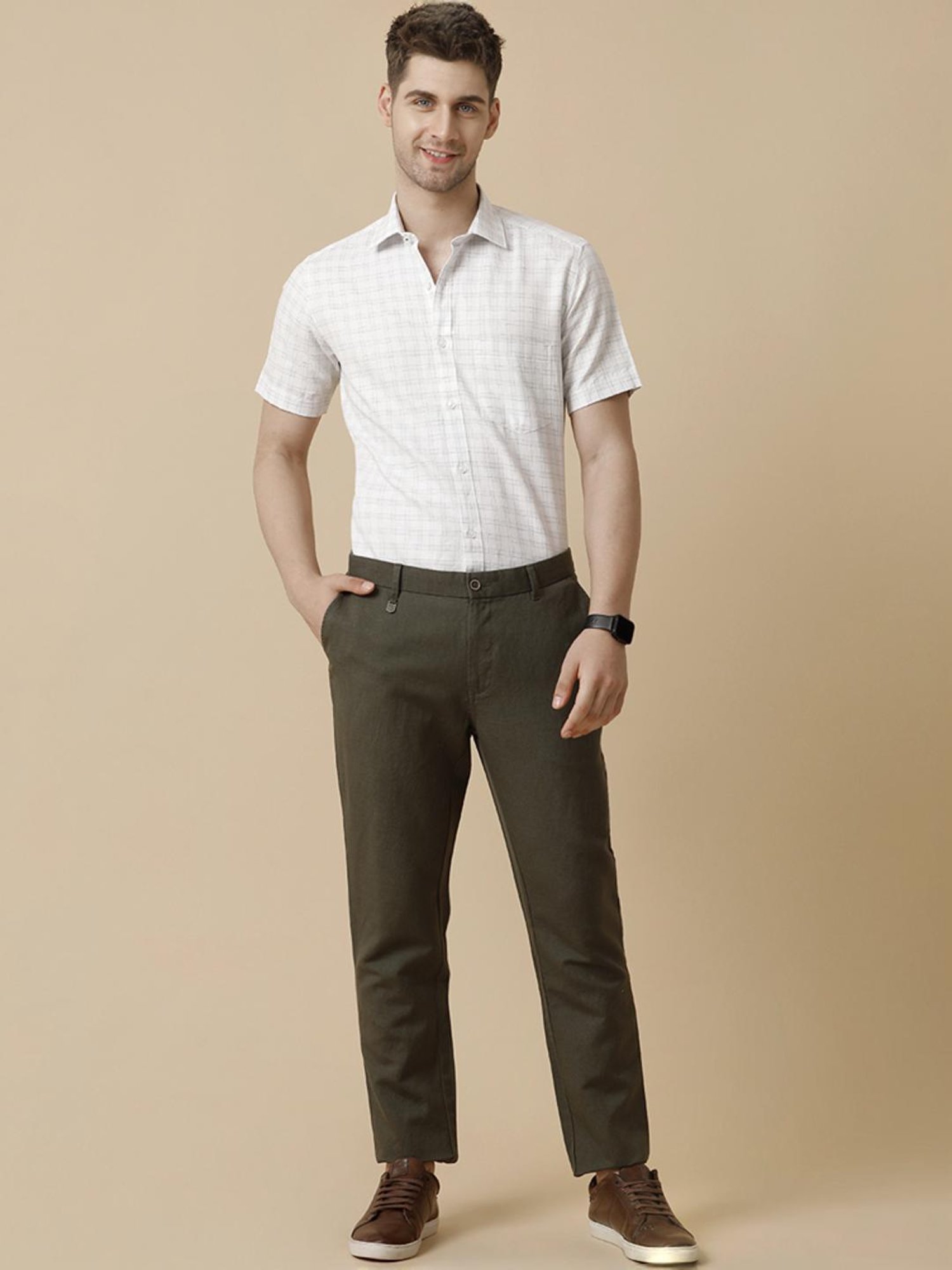 Linen Club Blue Linen Contemporary Fit Checks Shirt