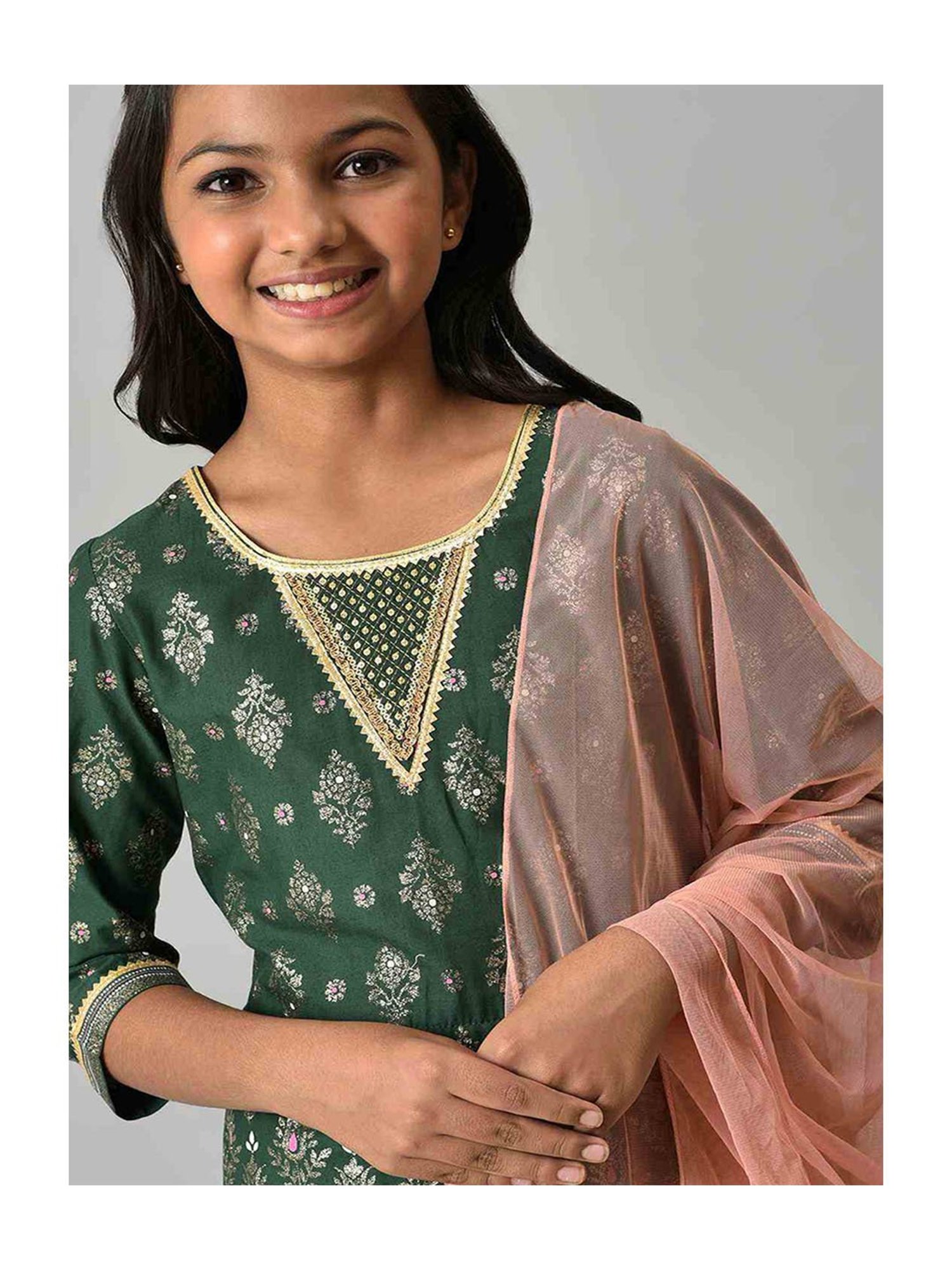 Aurelia Kids Green & Peach Floral Print Kurta, Skirt with Dupatta