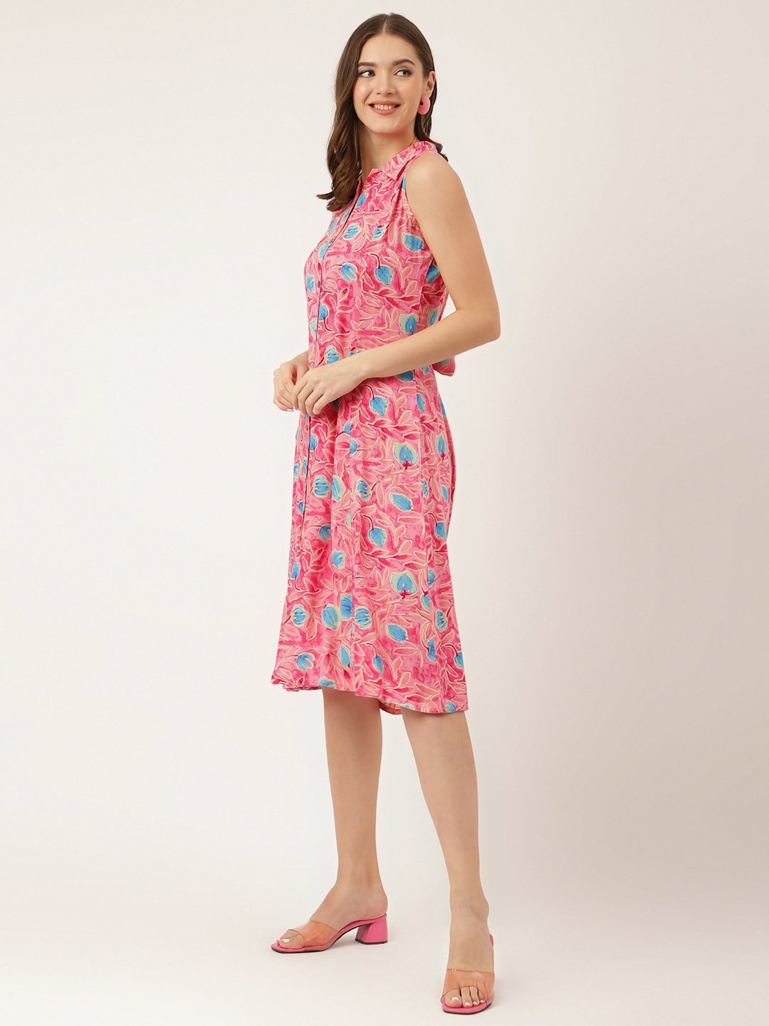 Divena Pink Floral Print Ethnic Dress With Unstitched Sleeves