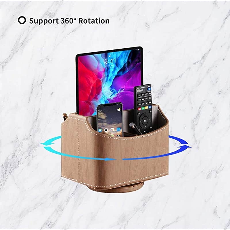 Control Holder 360 Degrees Rotatable Desk Stationery Supply Organizer PU Leather Desktop Storage Box for Controllers Media Bedside Spinning TV Caddy E-reader iPad Mobile Pencil Cosmetic(Black)