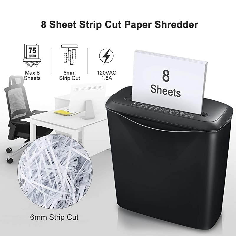 8-Sheet Strip Cut Home Paper Shredder, CD and Credit Card Office Shredder Machine with Overheat and Overload Protection,3.5 Gallons Wastebasket,Black (S120-C)