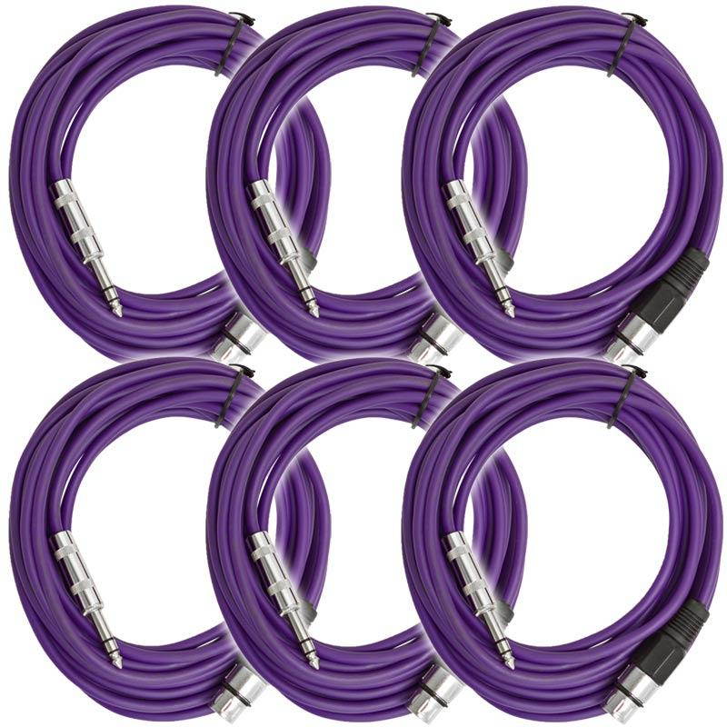 Seismic Audio - SATRXL-F25Purple-6Pack - 6 Pack of 25 Ft XLR Female to 1/4" TRS Patch Cable Snake Cords Balanced - Purple