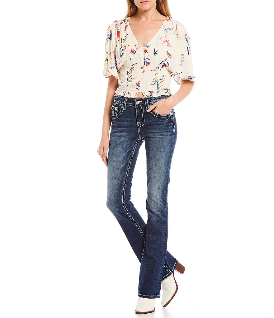 Miss Me Geometric Abract Embellished Pocket Bootcut Jeans