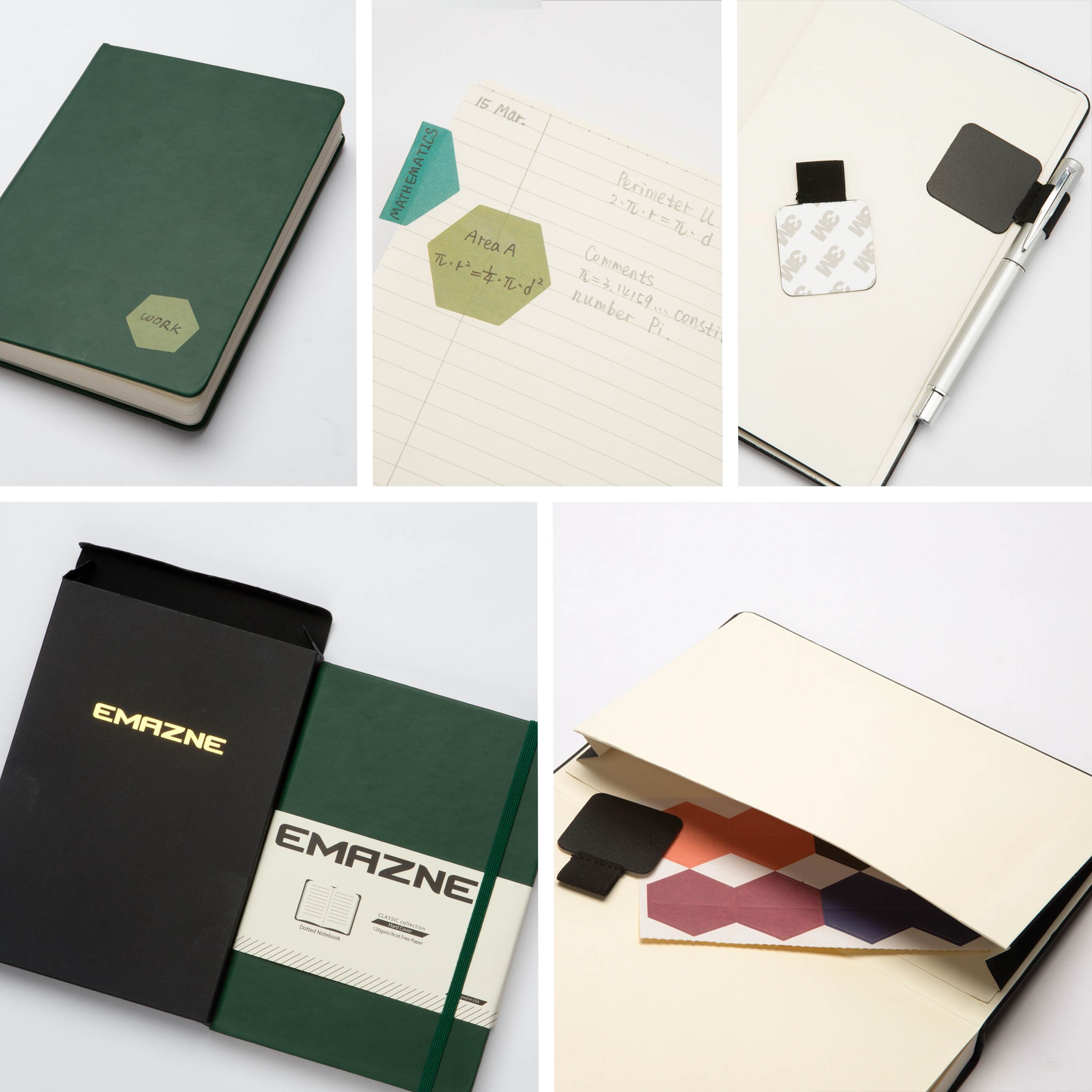 Emazne Classic Hardcover Notebook with Pen Loop,Bookmark,Green,Size:A5 (5.7" x 8.25"),Premium Thick 120gsm Paper,Dotted Page,176 Pages,PU Leather,Inner Pocket,(Free Gift-Tabs Flags)|Designed in US