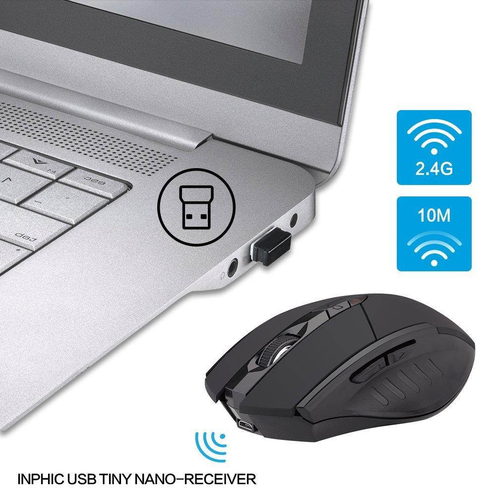 Wireless Mouse, inphic Rechargeable Gaming Mouse with USB Nano Receiver for Notebook, PC, Laptop, Computer, MacBook (Black Plating)