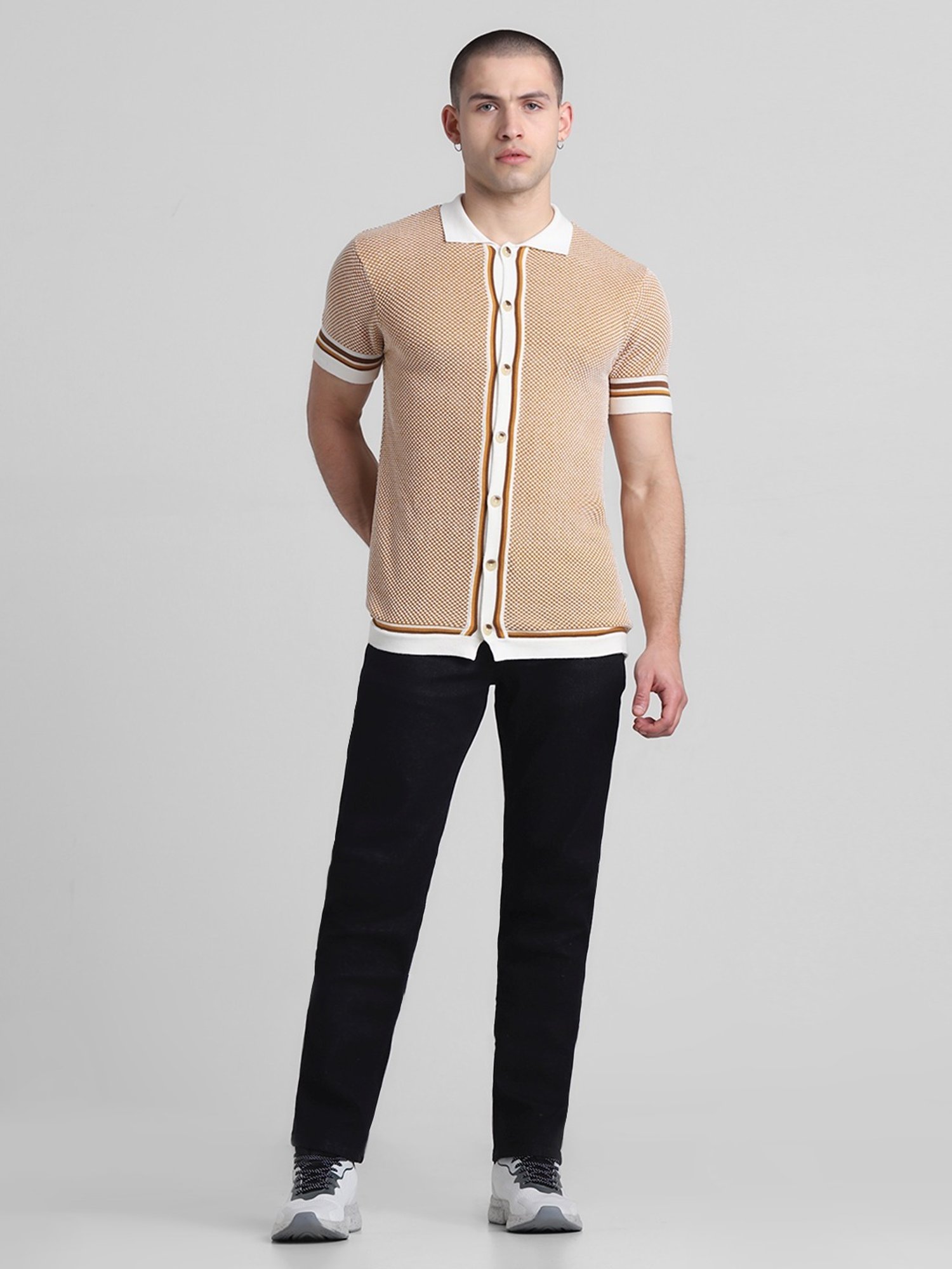 Jack & Jones Golden Yellow Cotton Slim Fit Self Pattern Sweater