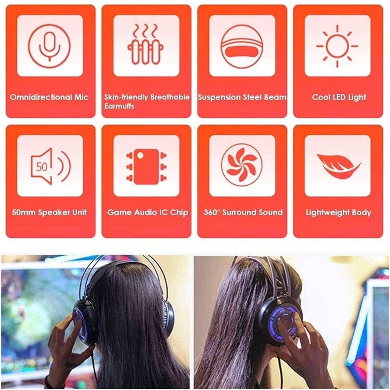 HKJZ SFLRW Gaming Headset with LED Light Stereo Gaming Headphones with Soft Memory Earmuffs & Noise Canceling Mic for Video Game, PC Games