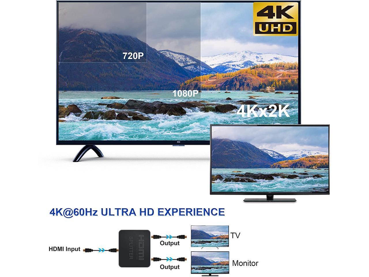 HDMI Splitter 1 in 2 Out, 4K HDMI Splitter for Dual Monitors, 1x2 HDMI Splitter 1 to 2 Amplifier for Full HD 1080P 3D Come with High Speed HDMI Cable(1 Source onto 2 Displays)