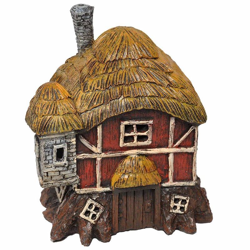 6" Polyresin Battery Fairy Garden Barn with Thatched Rood and LED Light Red - Hi-Line Gift