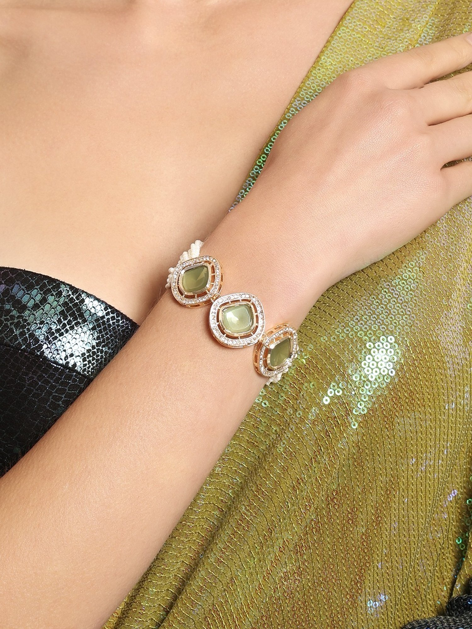 Zaveri Pearls Set of 2 Gold Tone & Green Multistrand Kundan & Beads Ethnic Bracelet-ZPFK16845