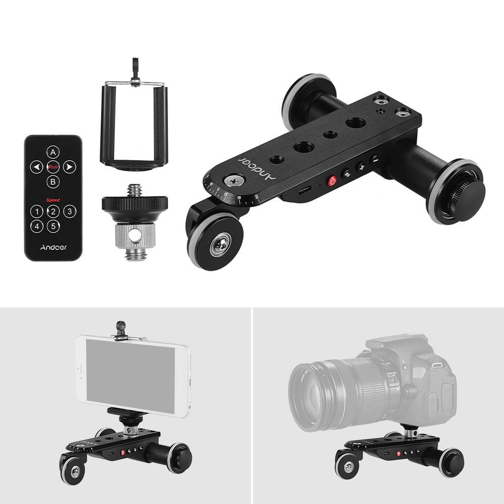 Andoer PPL-06S Pro Auto Dolly Motorized Video Slider Skater 5 Speeds Adjustable Aluminum Alloy Max. Load 4kg with USB Rechargeable Battery 2.4G Remote Control Phone Holder for Smartphone Action Camera