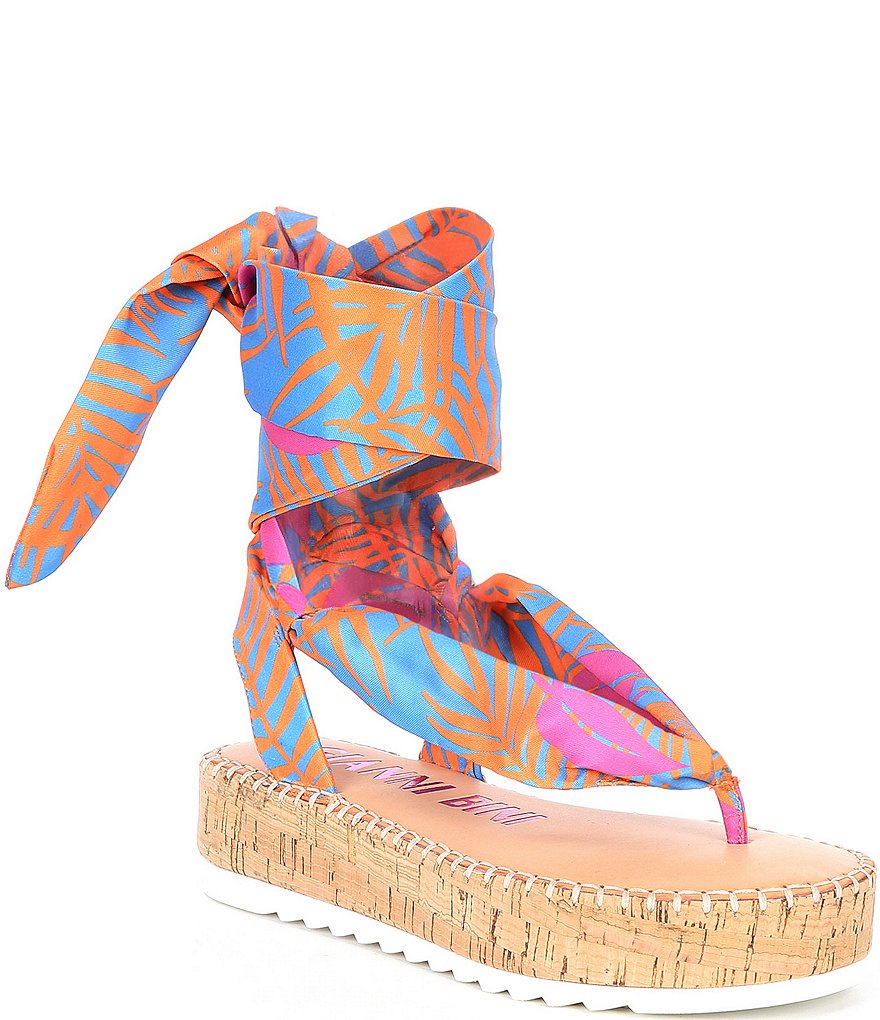 Gianni Bini Turnie Tiki Palm Print Satin Scarf Ankle Wrap Flatform Sandals