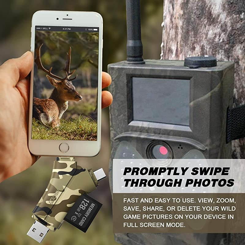 Camera Viewer SD Card Reader 4 in 1 SD and Micro SD Memory Card Reader to View Hunting Game Camera Photos or Videos on Smartphone Camouflage